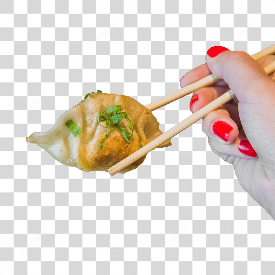 Mão segurando hashi com Gyoza PNG Fundo Transparente