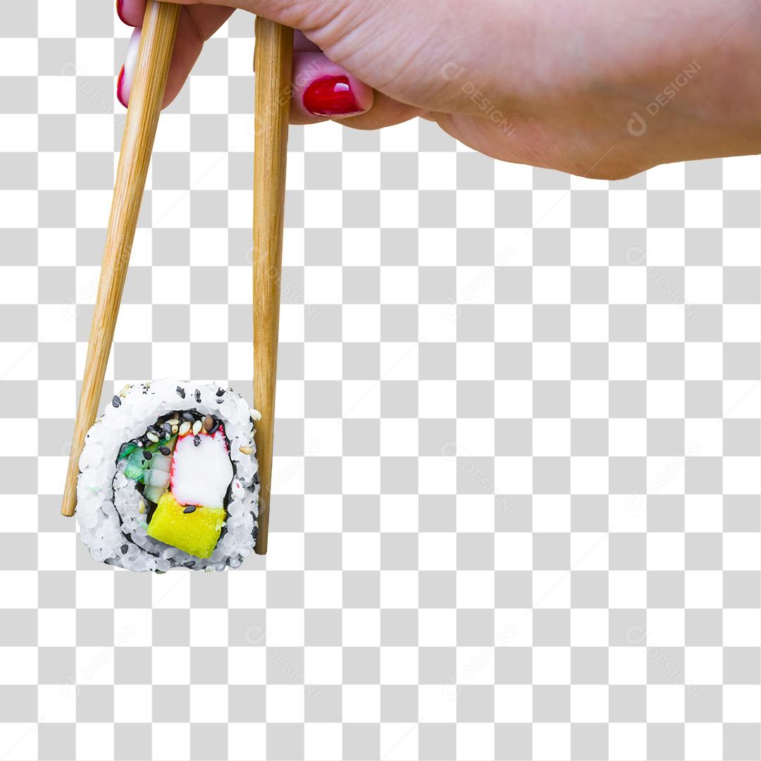 Mão feminina segunda hashi palitinho com sushi PNG Transparente