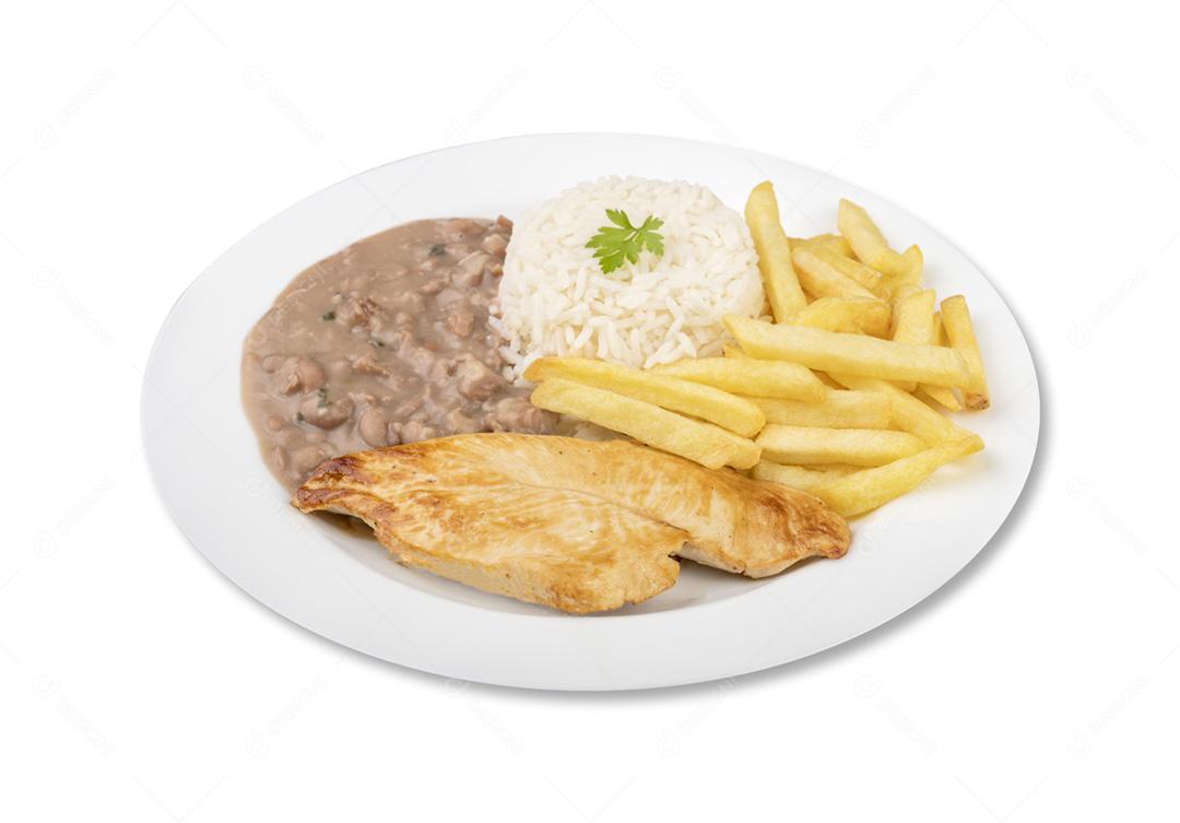Peito de frango, arroz, feijão e batata frita. Típico brasileiro