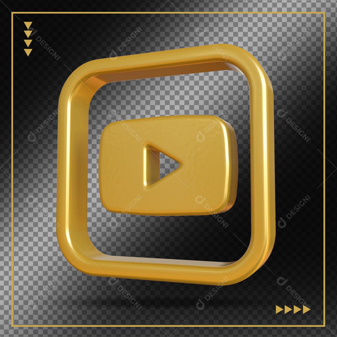 Elemento 3D Youtube Dourado Para Composição PSD
