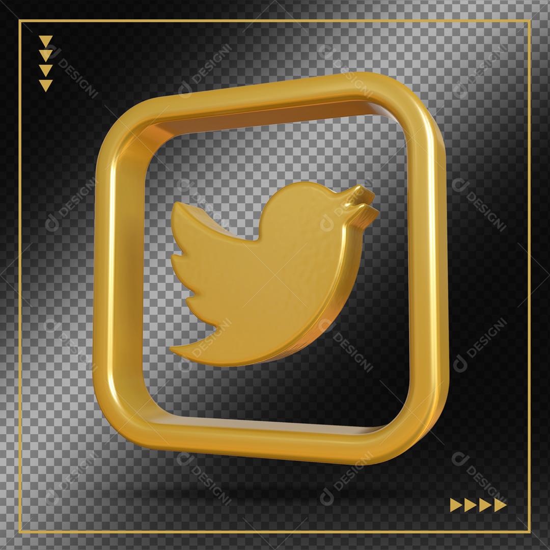 Elemento 3D Twitter Dourado Para Composição PSD