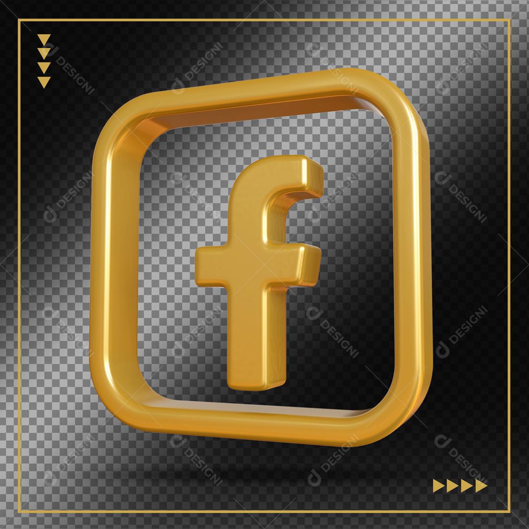 Elemento 3D Facebook Dourado Para Composição PSD