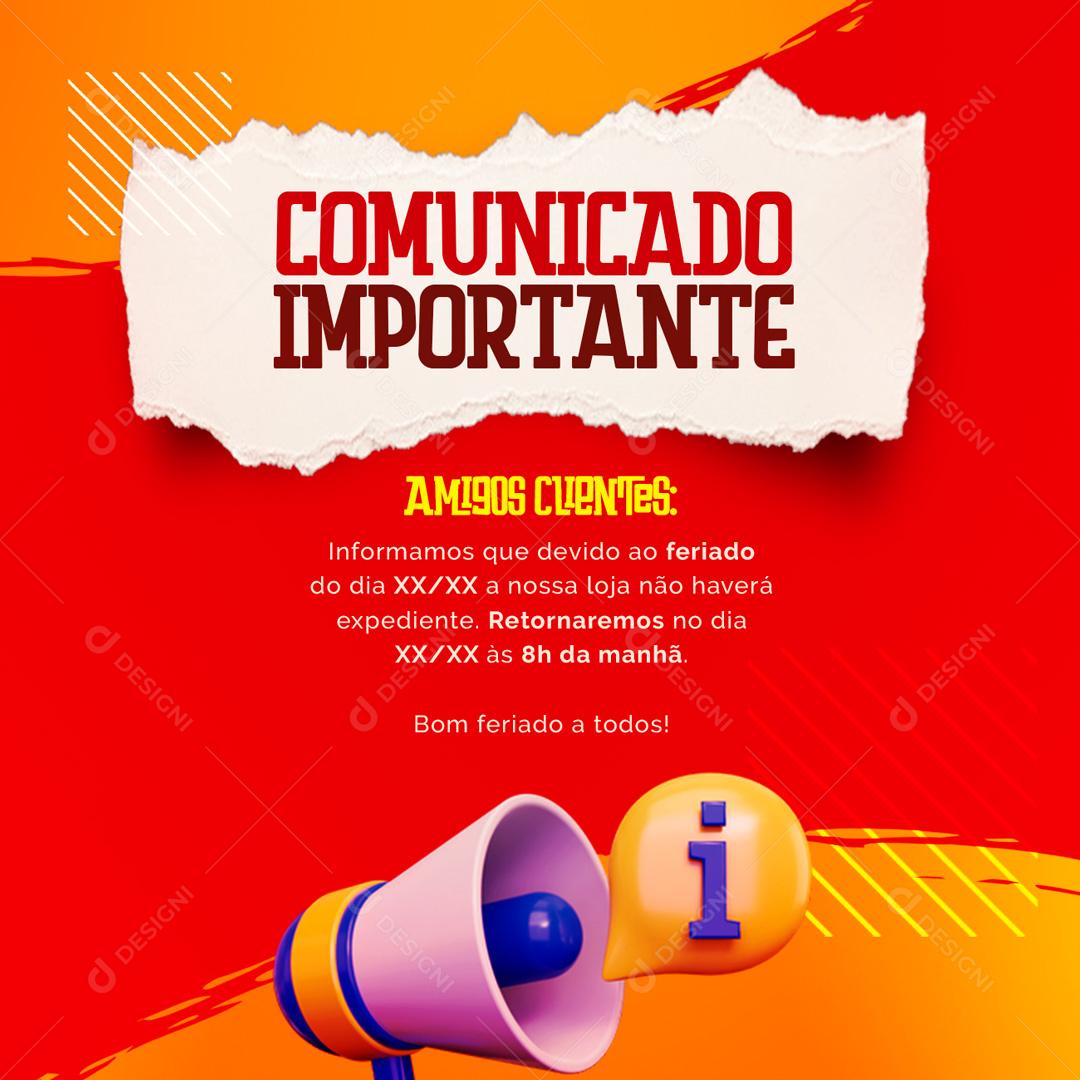 Social Media Comunicado Importante Feriado Lojas PSD Editável