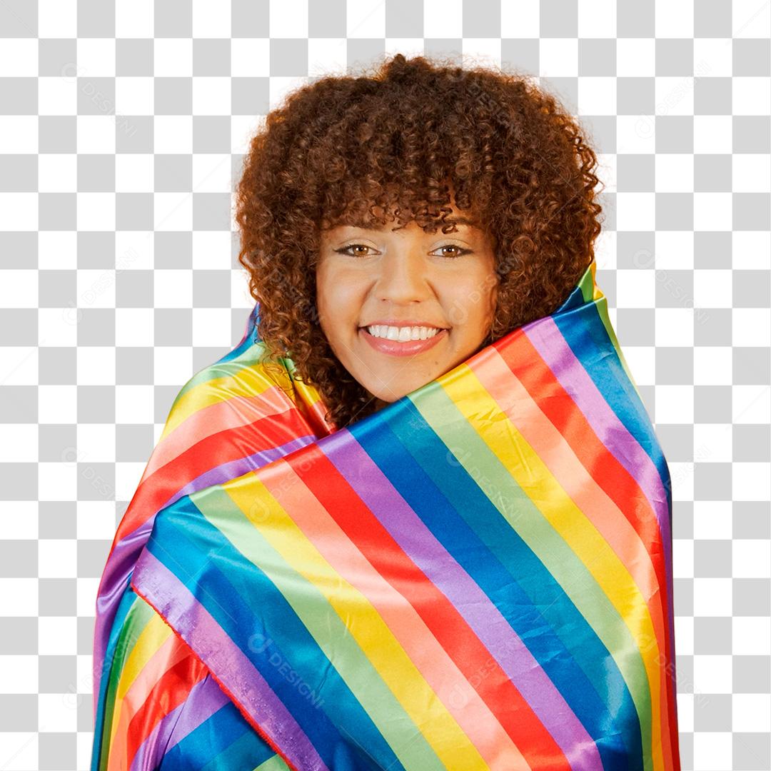 Mulher encaracolado com a bandeira do orgulho lgbt PNG Transparente