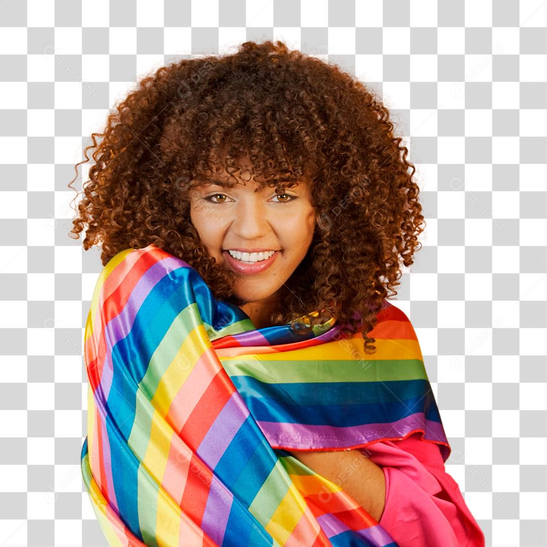 Mulher cobrindo-se com a bandeira do orgulho lgbt PNG Transparente