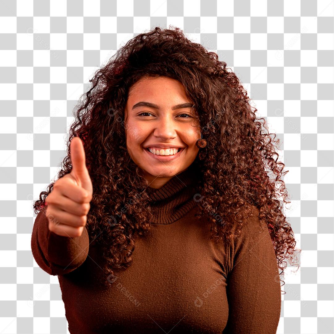 Mulher morena infeliz com polegar para cima PNG Transparente