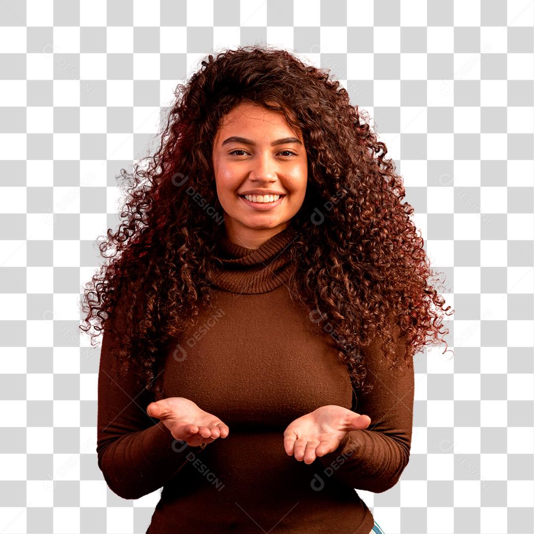 Mulher morena com as mão estendida para frente PNG Transparente