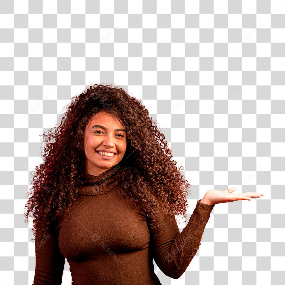 Mulher morena com as mão estendida para o lado PNG Transparente