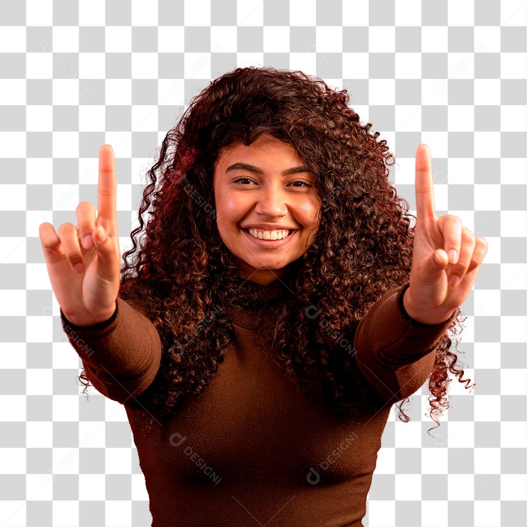Mulher morena com dedos indicadores apontado para cima PNG Transparente