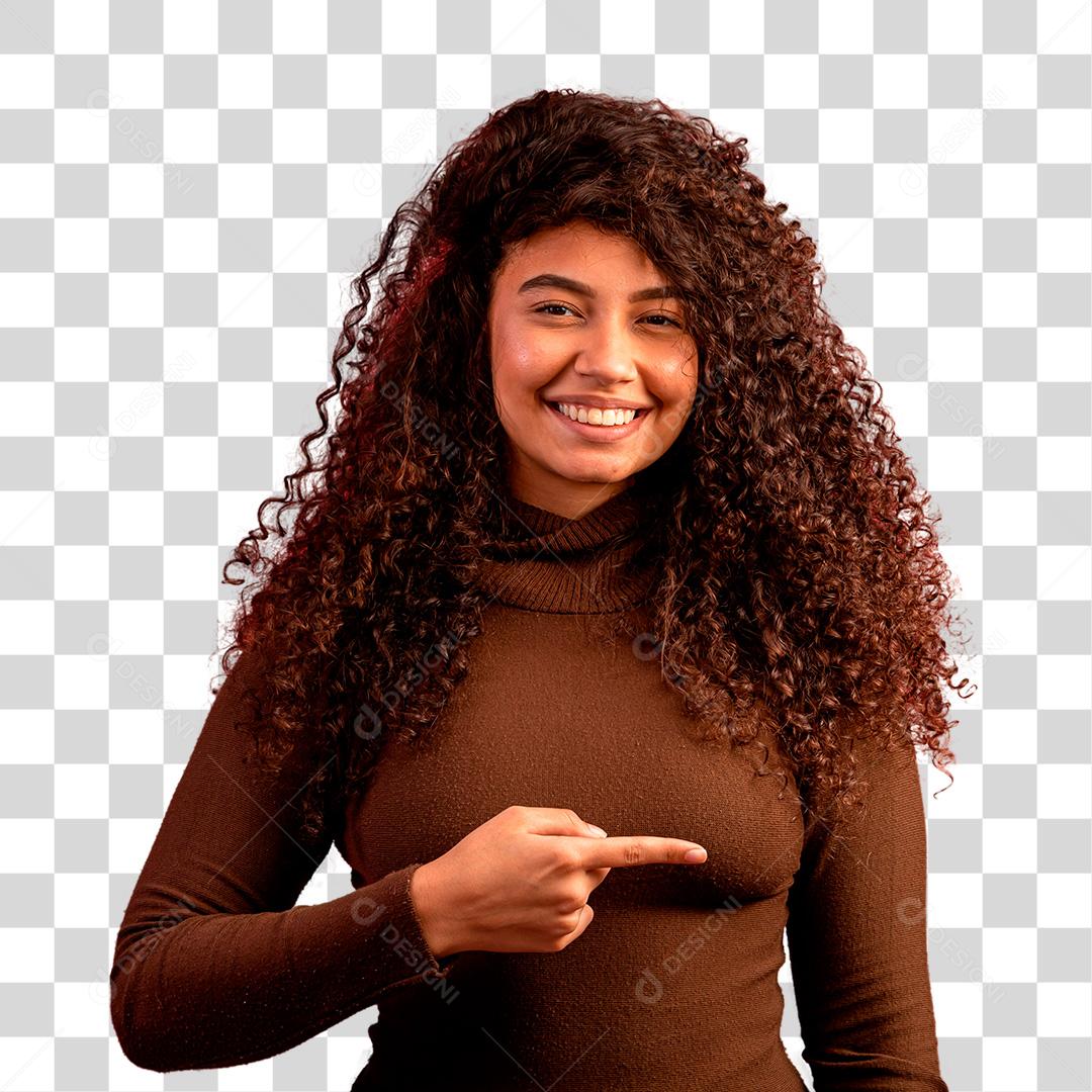 Mulher morena sorrindo com dedo indicador apontado para o lado PNG Transparente