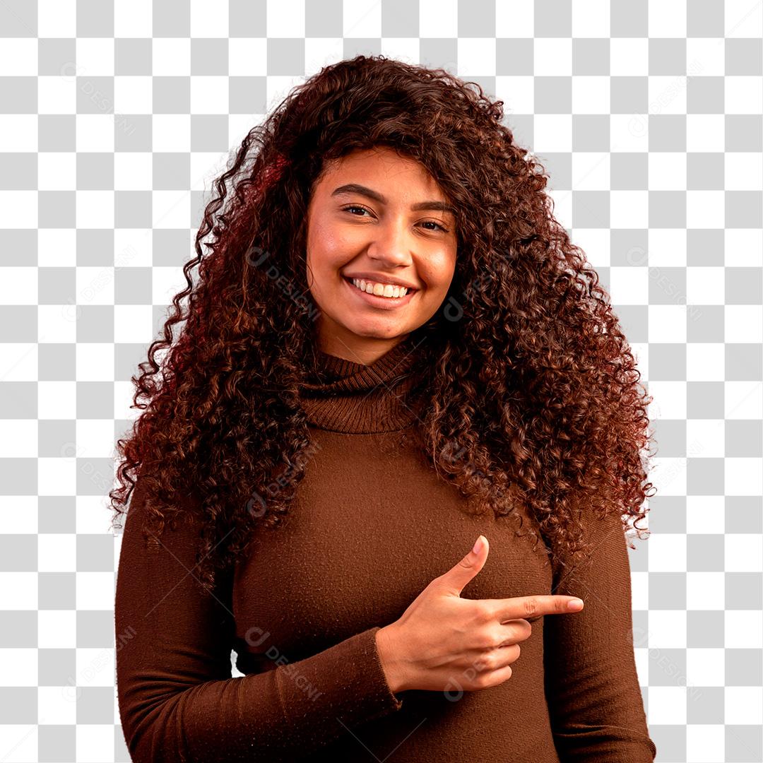 Mulher morena sorrindo com dedo indicador apontado para o lado PNG Transparente