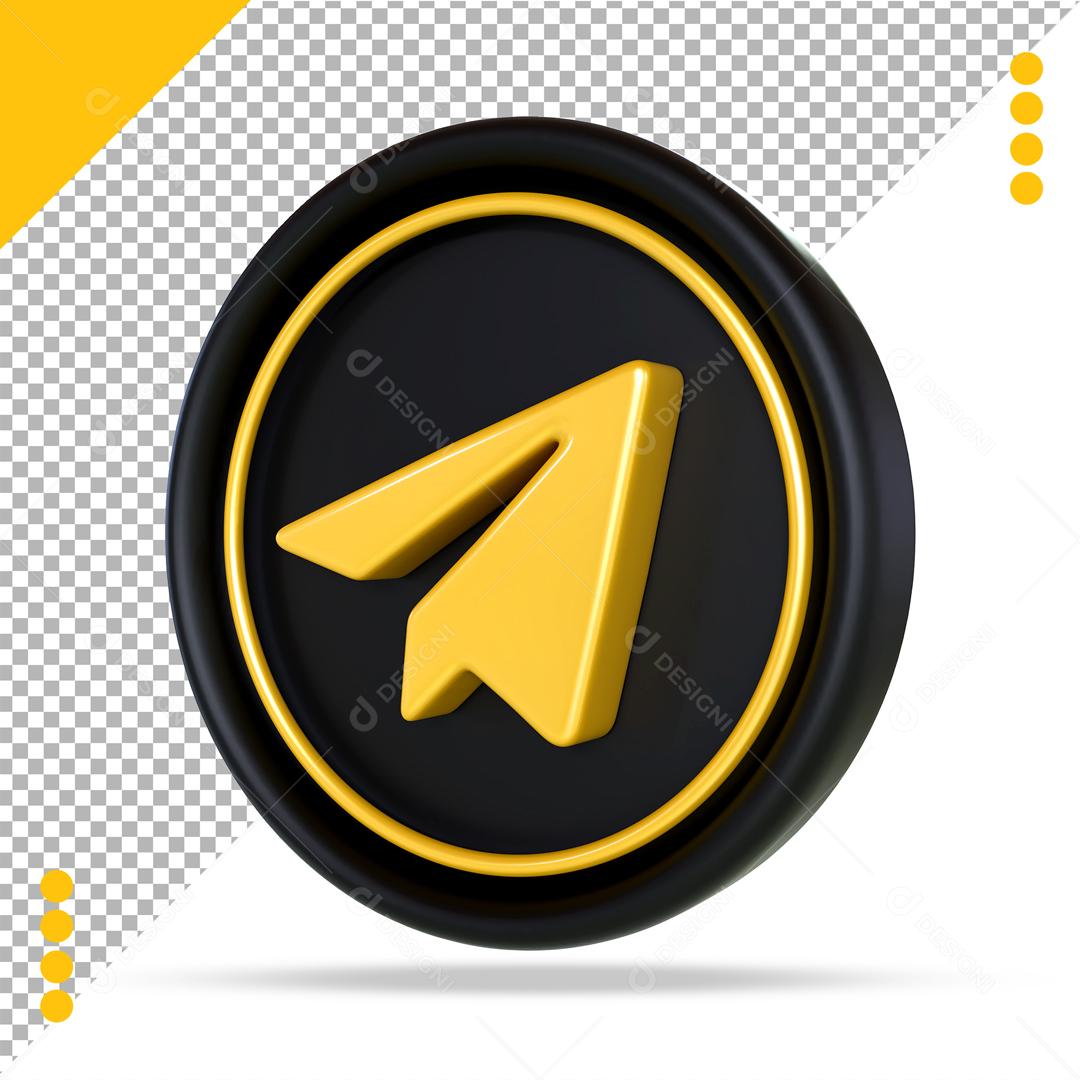 Telegram Preto e Dourado 3D Elemento Para Composição PSD
