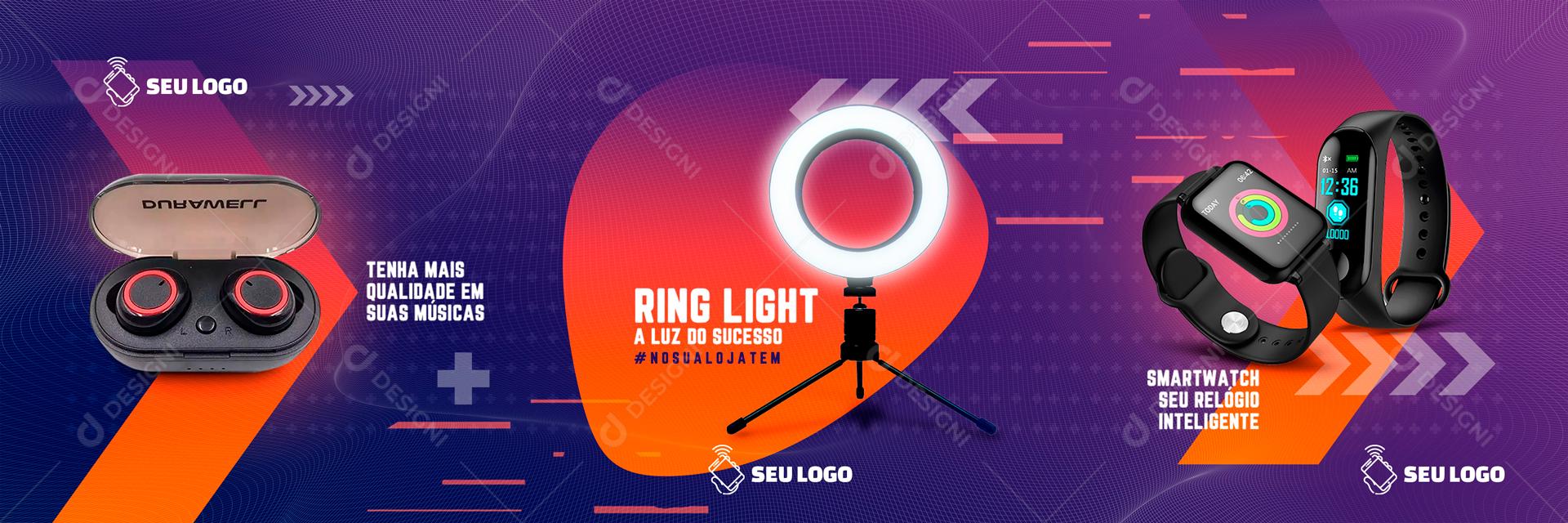 Carrossel Novidades Em Produtos Relogios Fones Ring Light Social Media PSD Editável