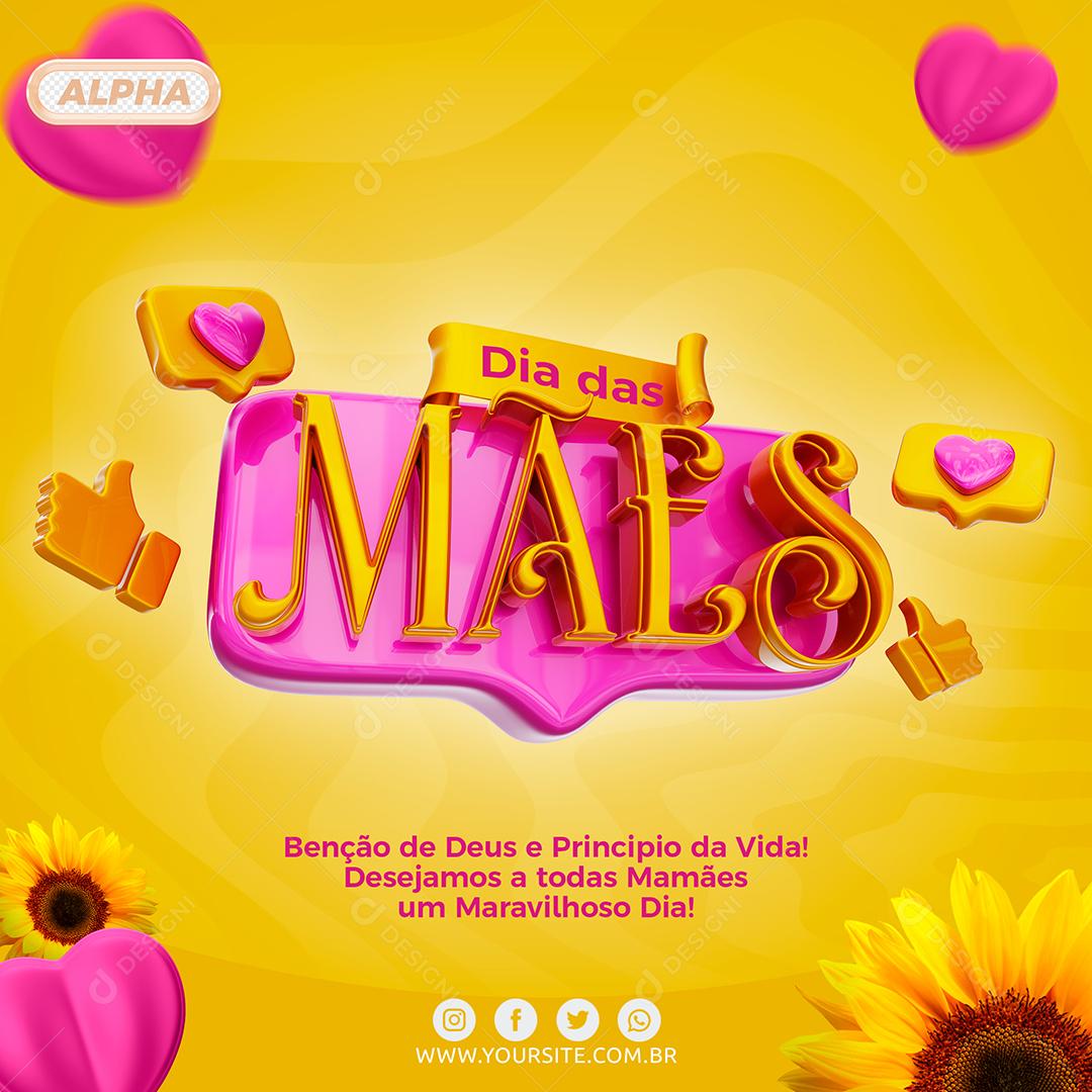 Social Media Principio da Vida e Benção de Deus Texto 3D Dia Das Mães Dourado PSD Editável