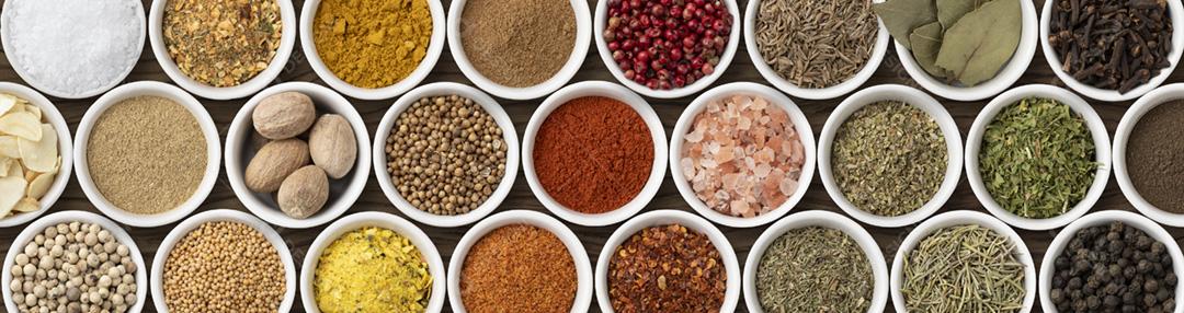 Temperos variados e ervas em tigelas brancas. Formato panorâmico