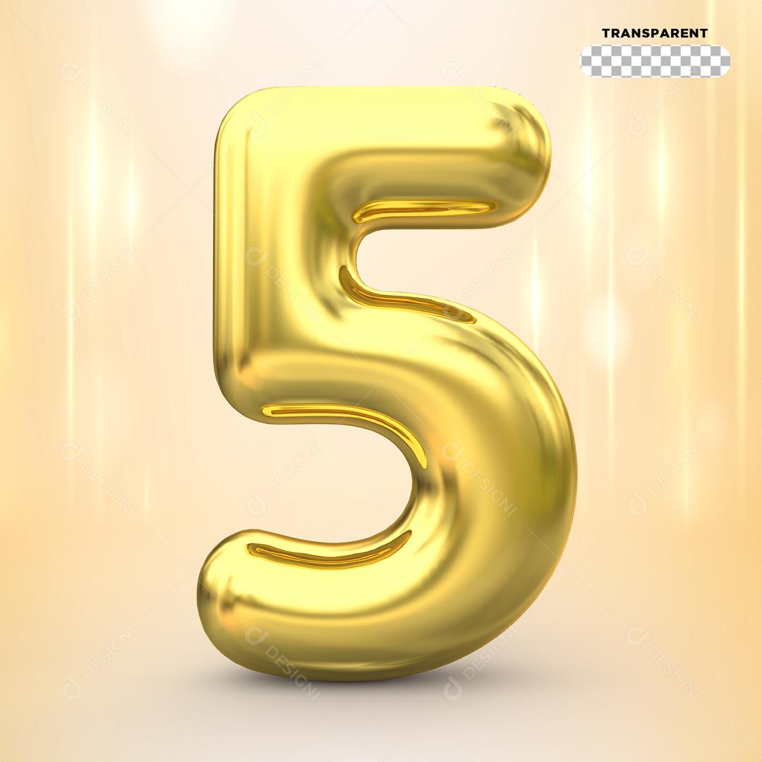 Número 5 Dourado Elemento 3D Para Composição PSD