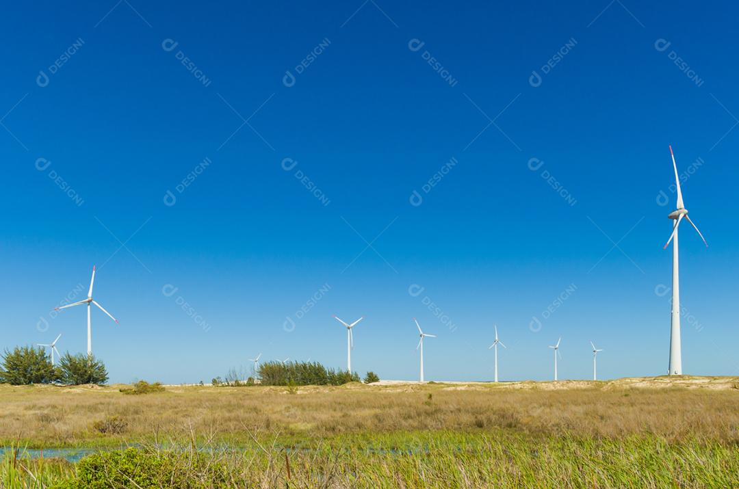 Energia renovável e sustentável. Campo de vento com turbinas eólicas, produzindo energia eólica