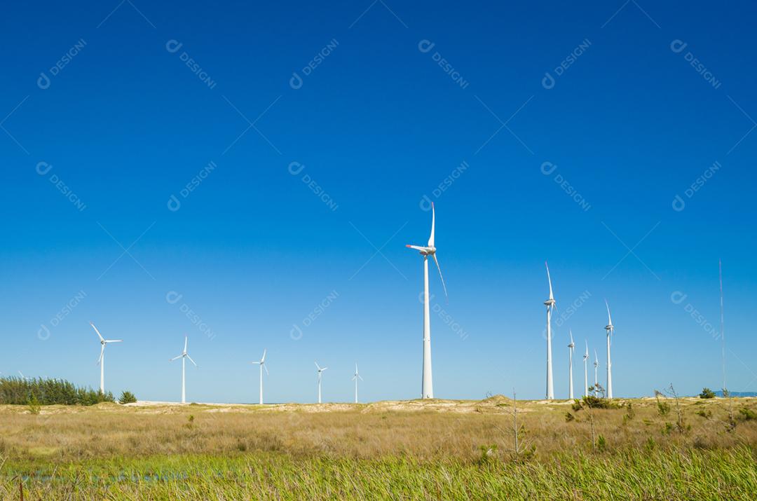 Energia renovável e sustentável. Campo de vento com turbinas eólicas, produzindo energia eólica