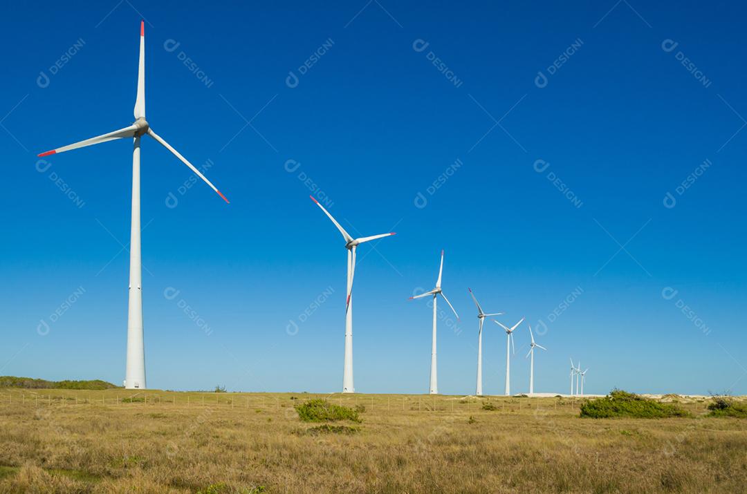 Energia renovável e sustentável. Campo de vento com turbinas eólicas, produzindo energia eólica