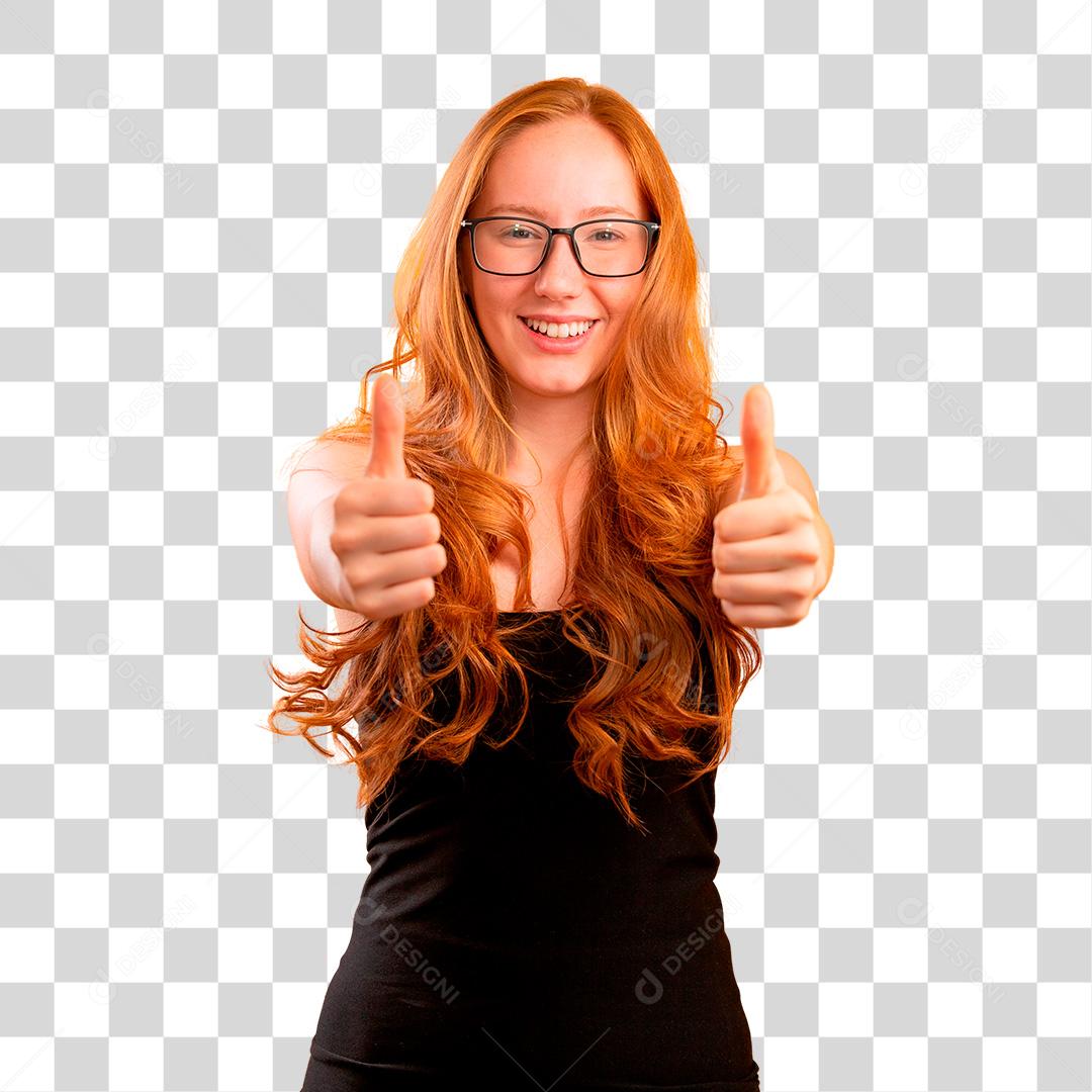 Mulher ruiva sorriindo com os polegares para cima positivo PNG Transparente