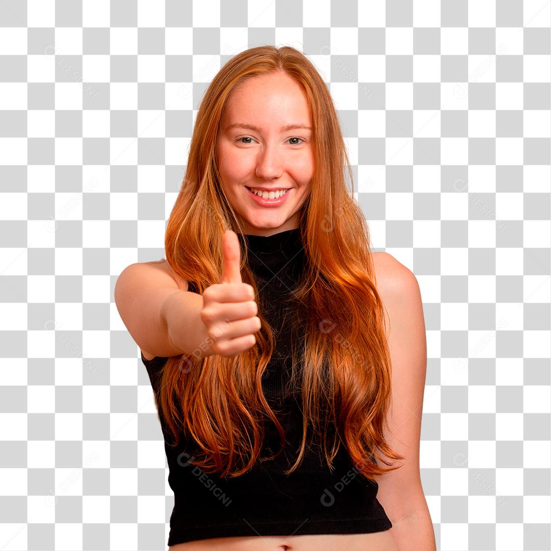Mulher ruiva sorriindo com polegar para cima positivo PNG Transparente
