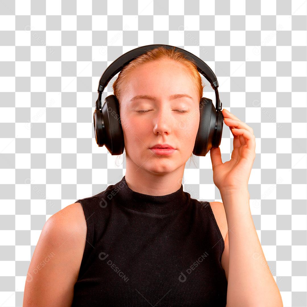 Mulher ruiva ouvindo musica em seu headphone PNG Transparente