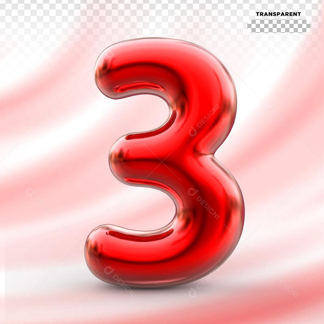 Número 3D 3 Vermelho Para Composição PSD