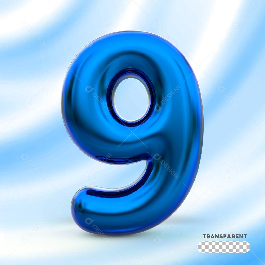Número 3D 9 Azul Para Composição PSD