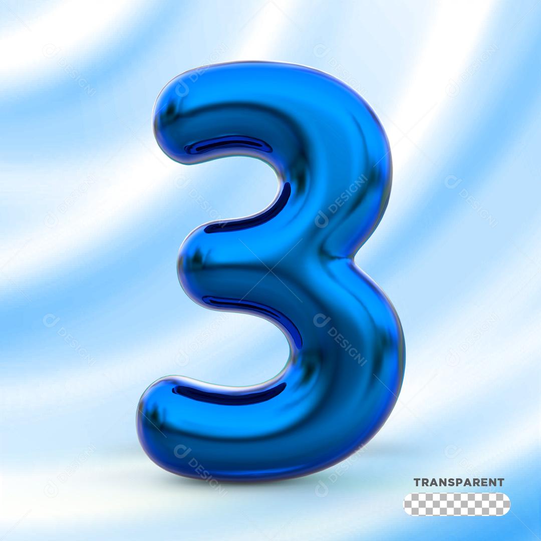 Número 3D 3 Azul Para Composição PSD