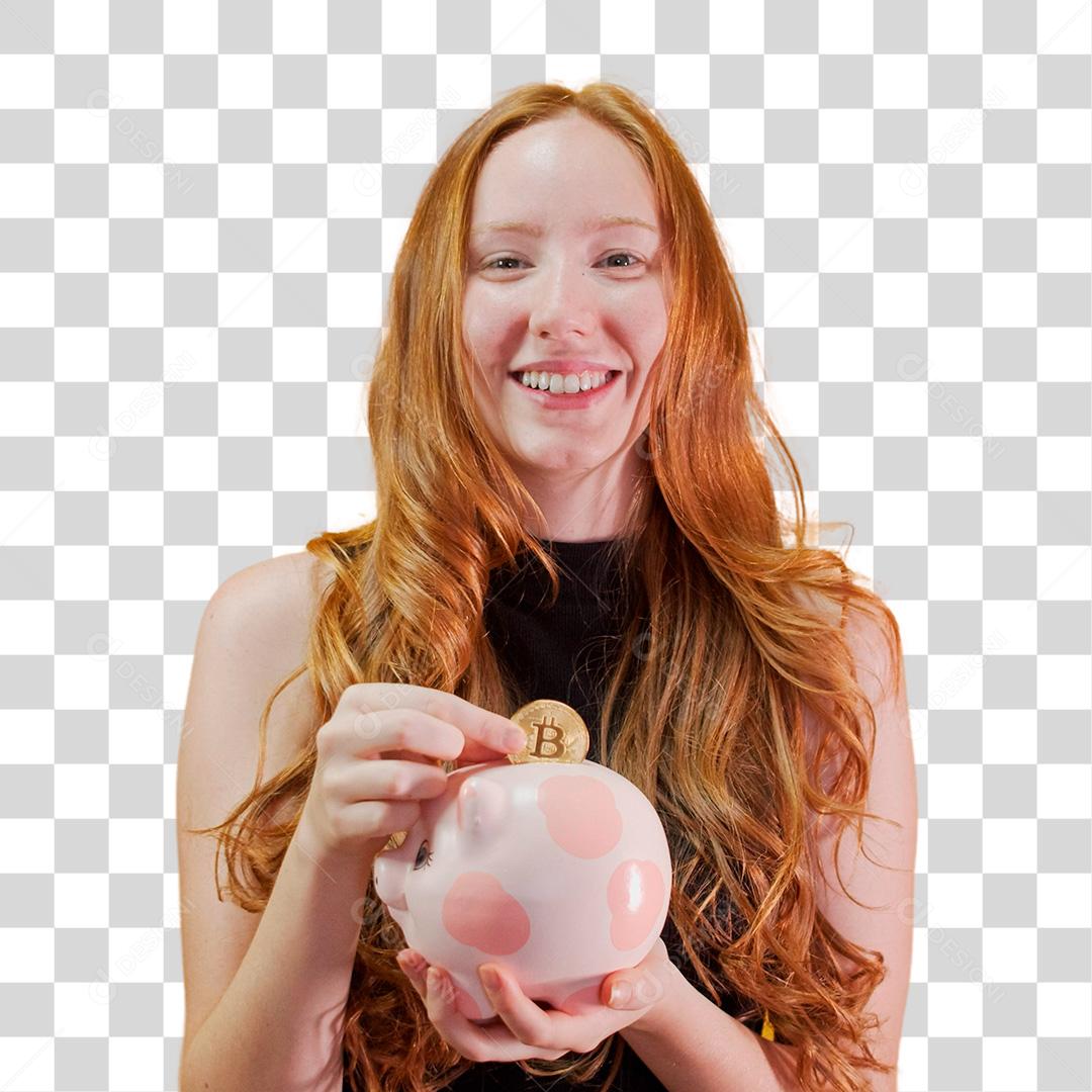 Mulher ruiva jovem com um cofre de moedas de porco rosa PNG Transparente