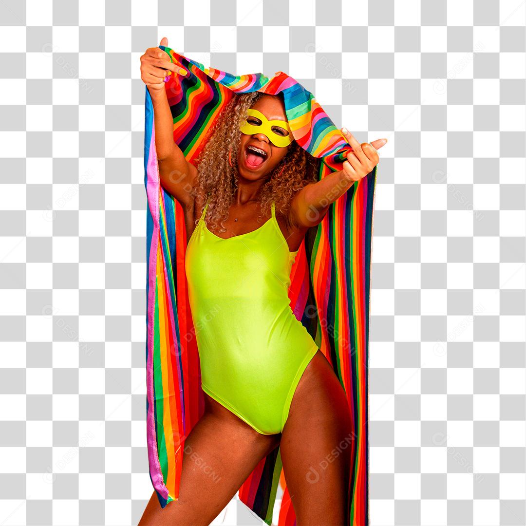 Mulher cabelo cacheado fantasiada curtindo a festa de carnaval PNG Transparente