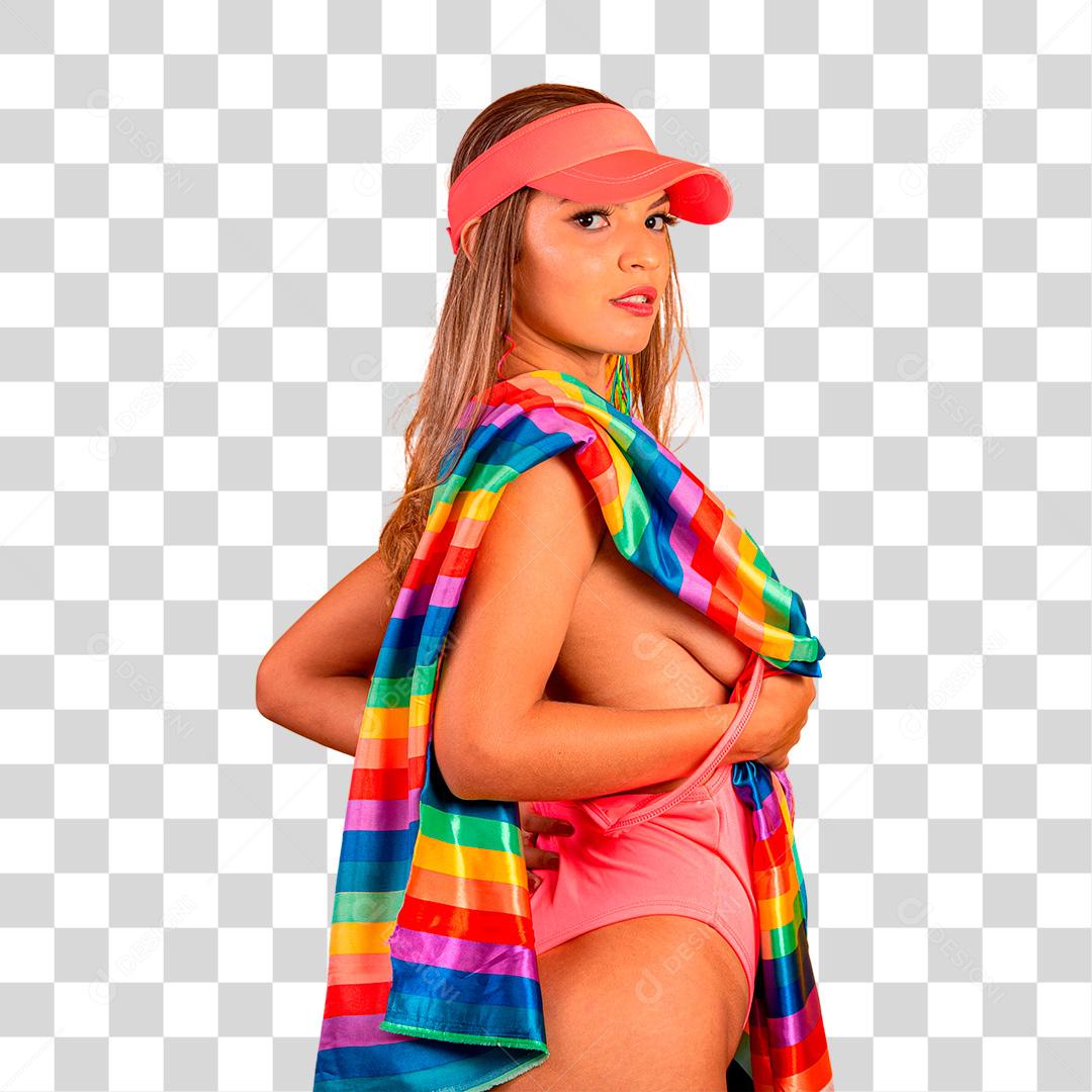 Mulher jovem de cabelo loiro cobrindo com a bandeira do orgulho gay lgbt PNG Transaparente