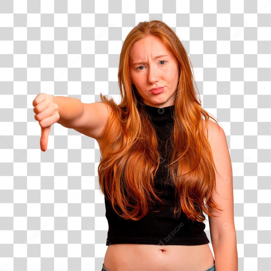 Mulher ruiva infeliz dando polegares para baixo gesto PNG Transparente