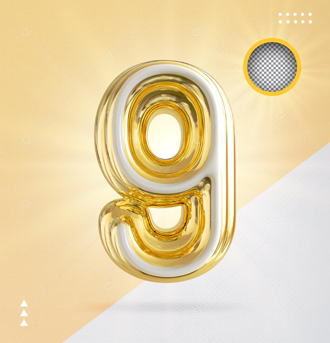 Número 9 Dourado Elemento 3D Para Composição PSD