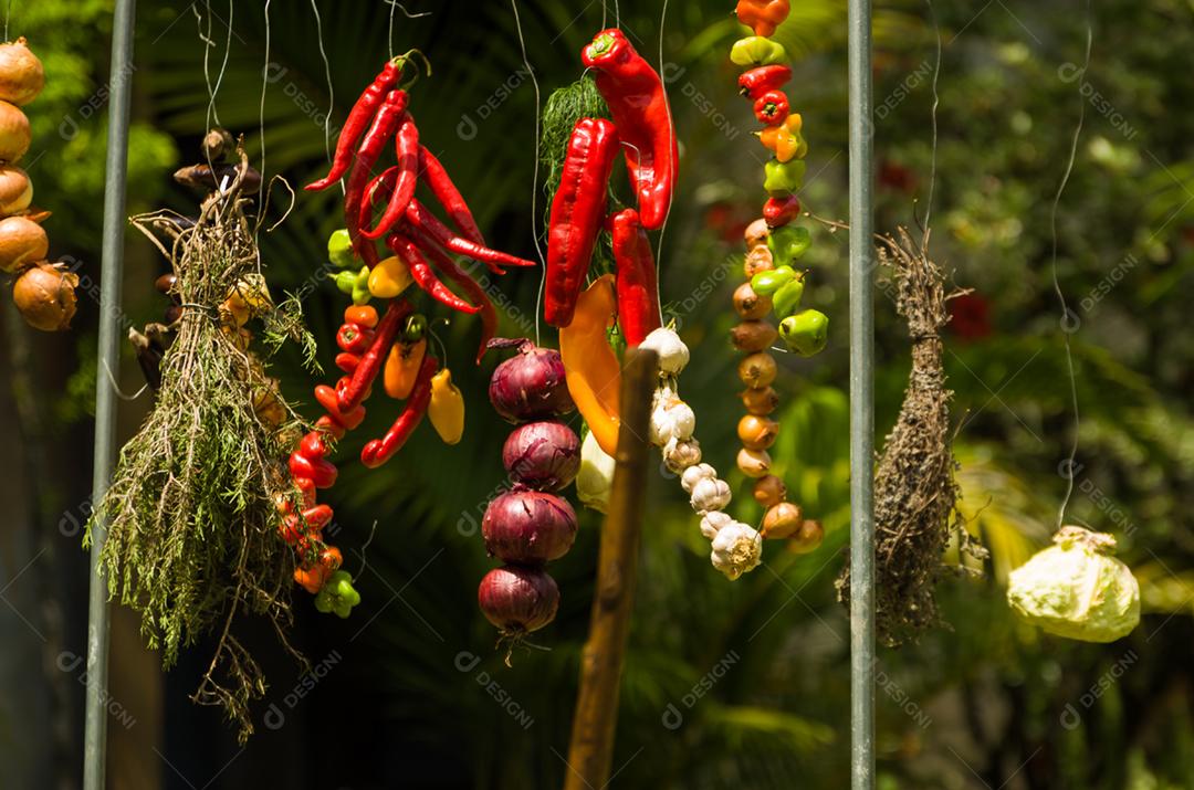 Exposição de carnes e legumes em um churrasco conhecido como Parrilla. Churrasco típico do sul da América Latina.