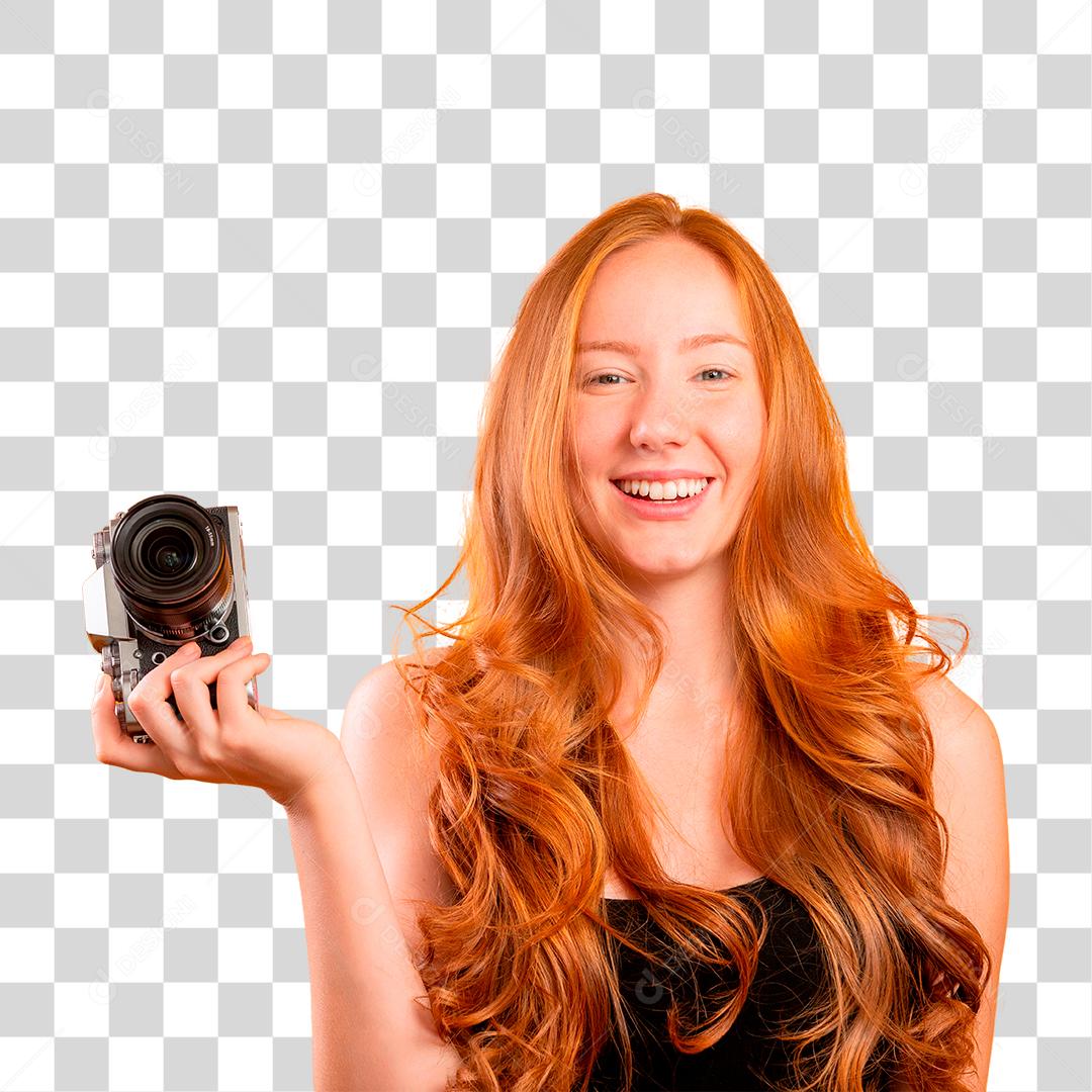 Mulher ruiva vestindo roupas pretas segurando a câmera PNG Transparente