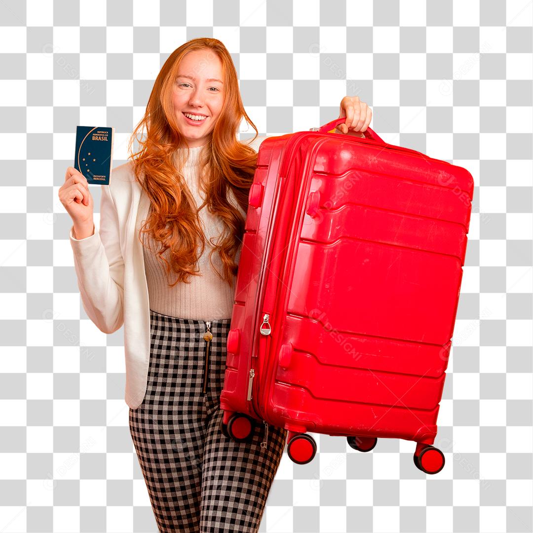 Mulher Ruiva de cabelos cacheados segurando mala de viagens PNG Transparente
