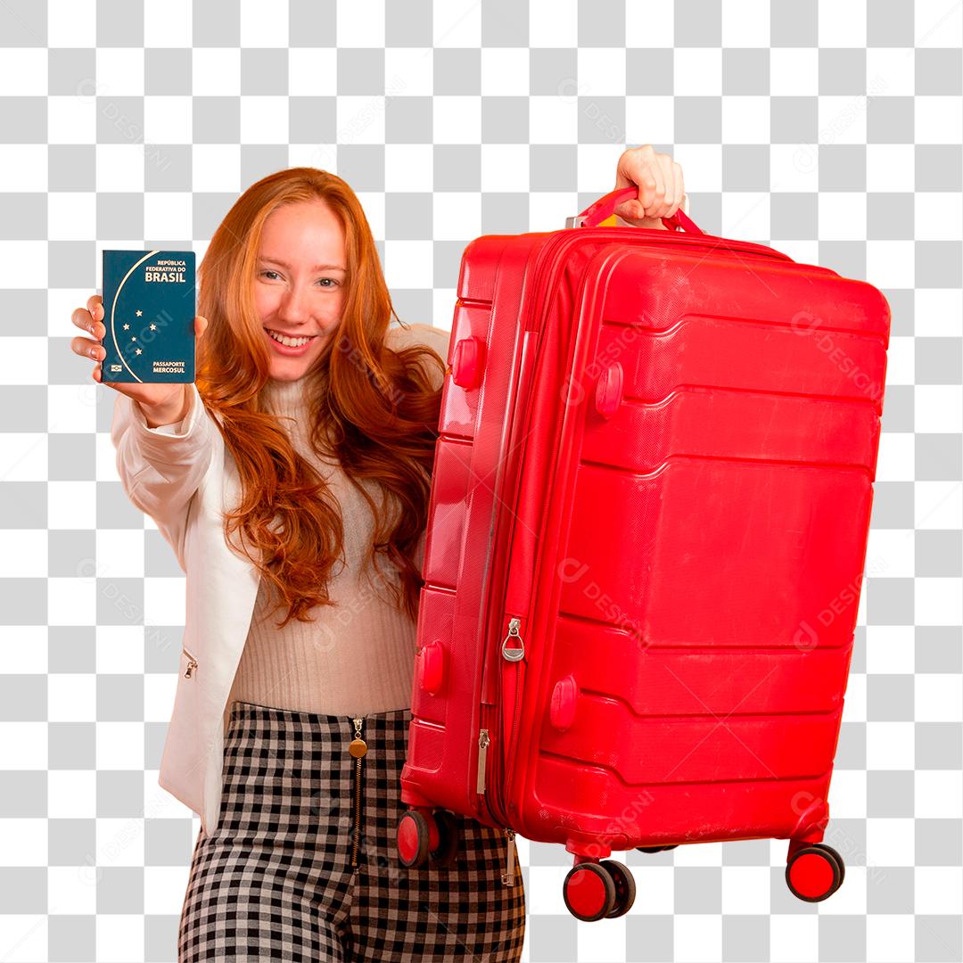 Mulher Ruiva de cabelos cacheados segurando mala de viagens PNG Transparente