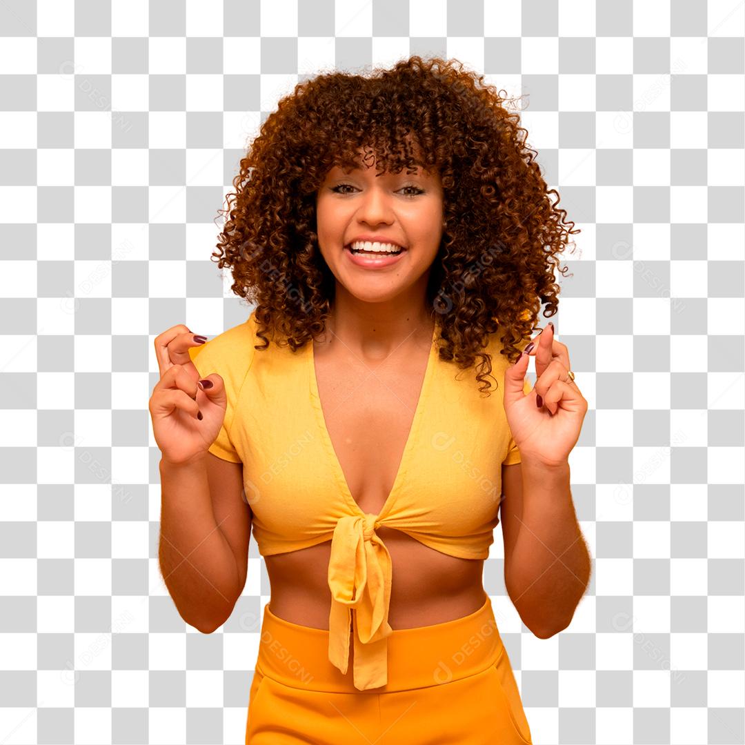 Jovem morena sorridente com os dedos cruzados PNG Transparente