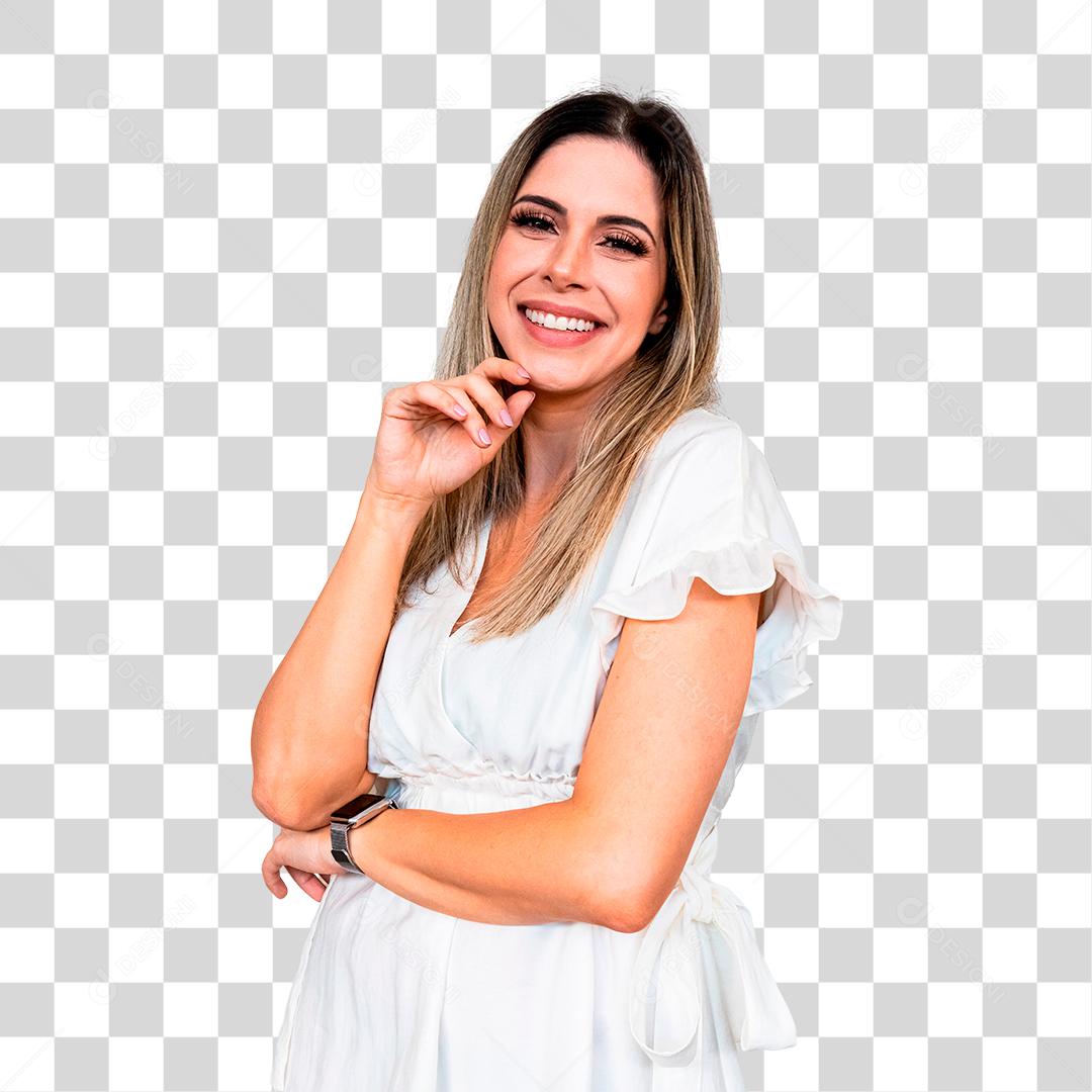Mulher jovem com vestido branco sorridente PNG Transparente