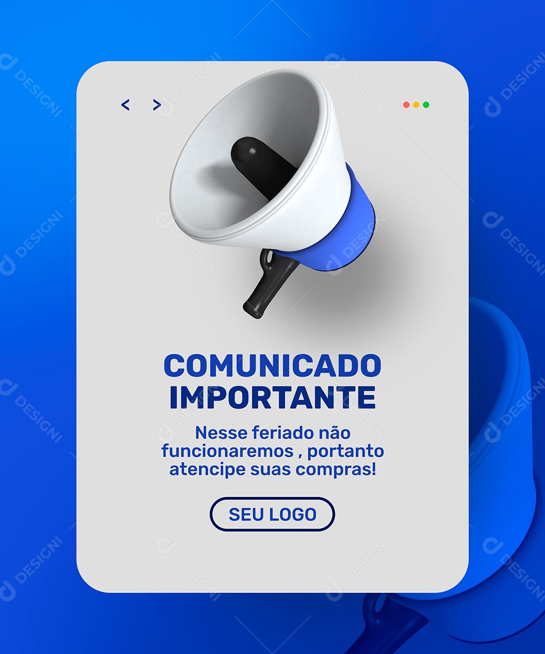 Social Media Comunicado Importante Nesse Feriado Não Funcionaremos PSD Editável