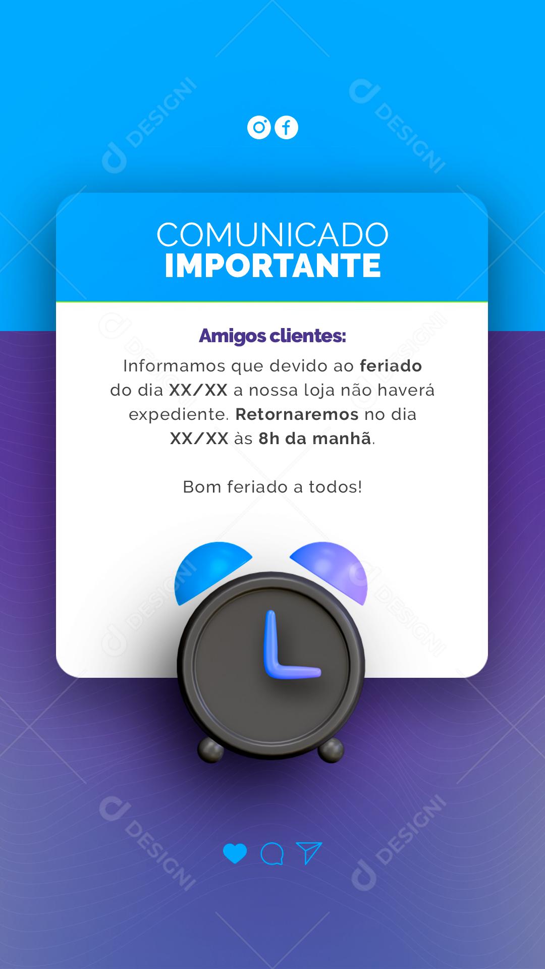 Post Story Comunicado Importante Aviso Feriado Social Media PSD Editável