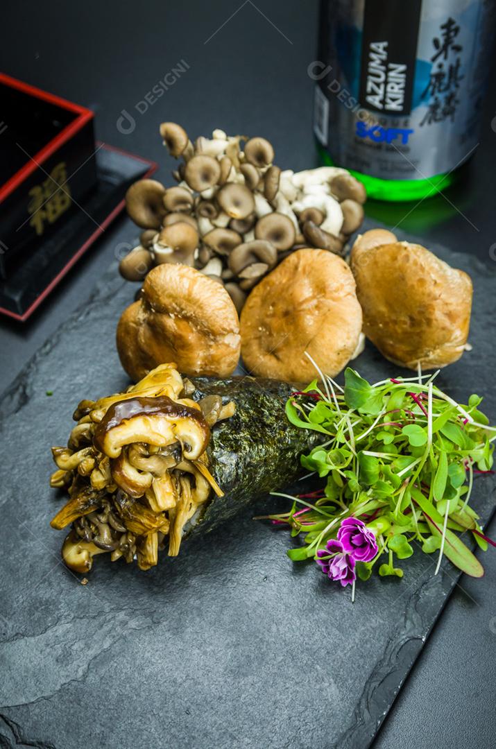 Sushi. Traditional Japanese cuisine, premium Temaki mushrooms, shitake, shimeji, decorated