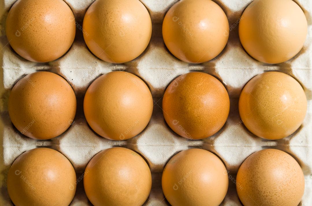 Lindos ovos de galinha marrom fresca sobre fundo marrom
