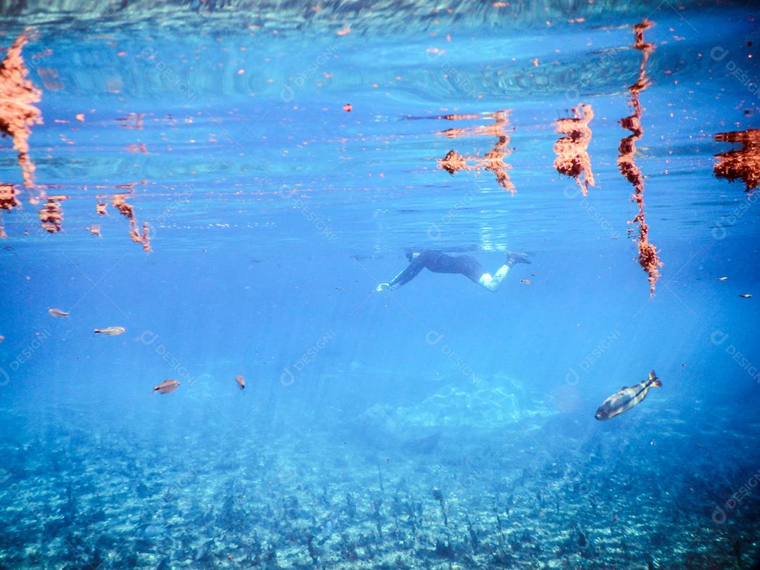 Praticando mergulho e snorkeling, lagoa misteriosa, bela lagoa de água azul turquesa transparente