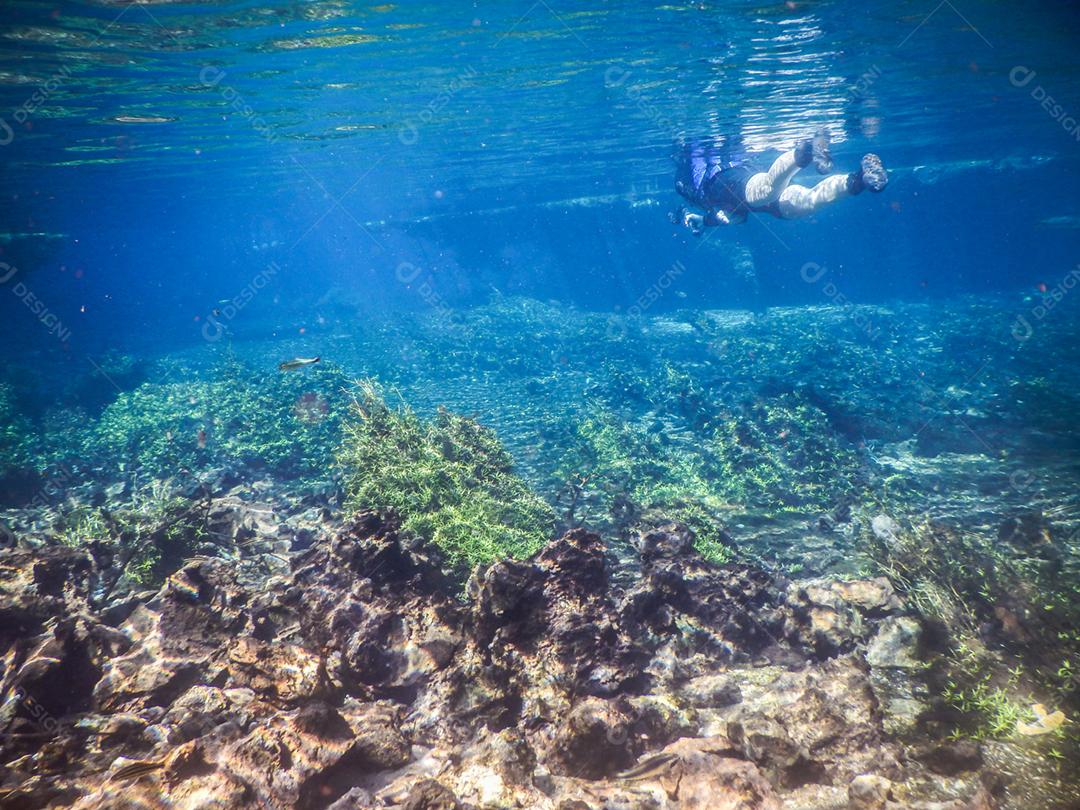 Praticando mergulho e snorkeling, lagoa misteriosa, bela lagoa de água azul turquesa transparente