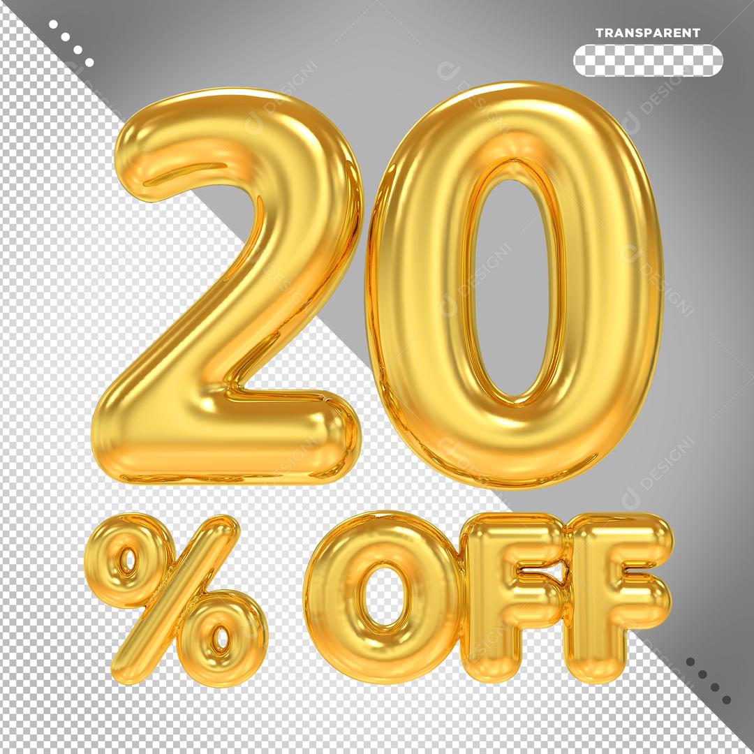 Número 20% Off Dourado Elemento 3D Para Composição PSD