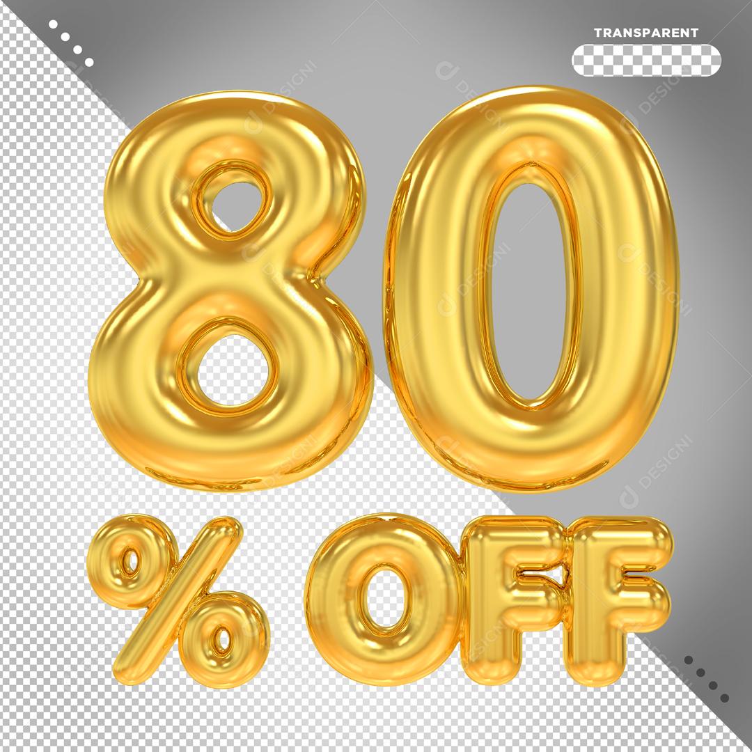 Número 80% Off Dourado Elemento 3D Para Composição PSD
