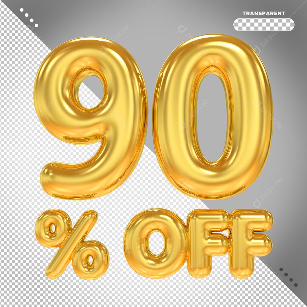 Número 90% Off Dourado Elemento 3D Para Composição PSD