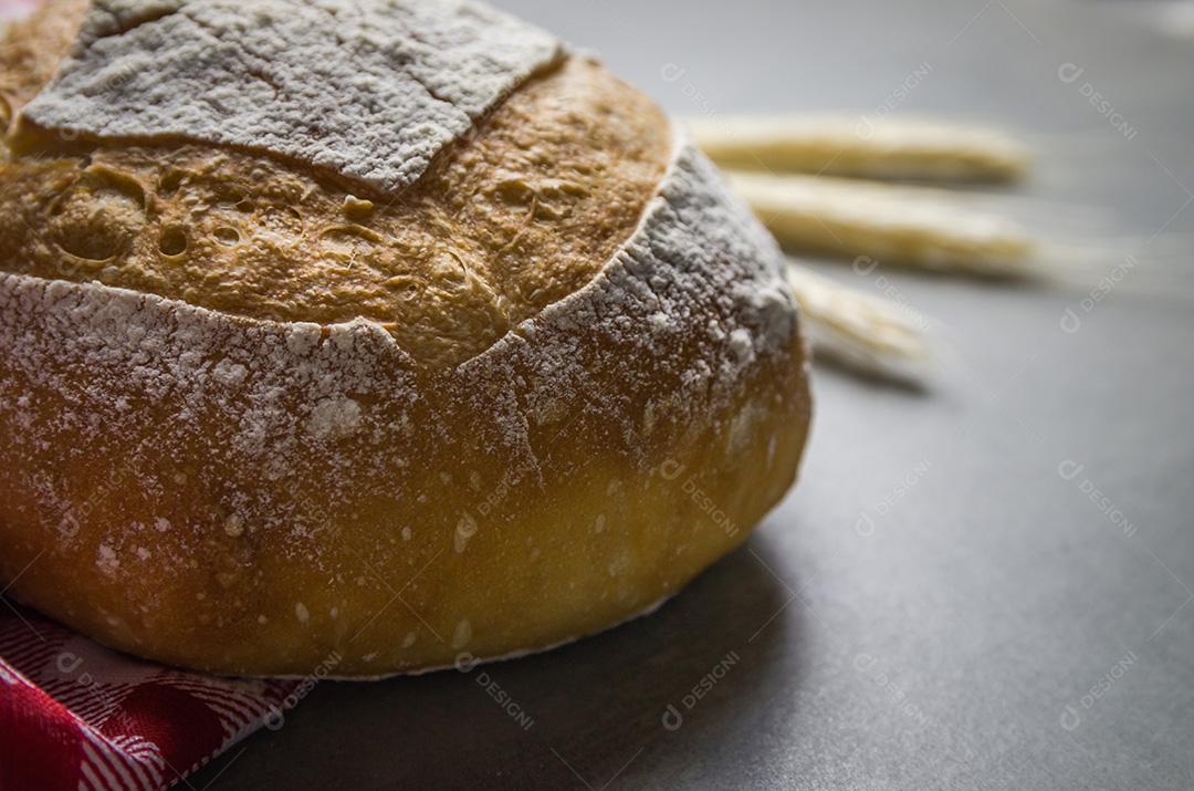 Belo pão de fermento em fundo cinza com trigo seco fl